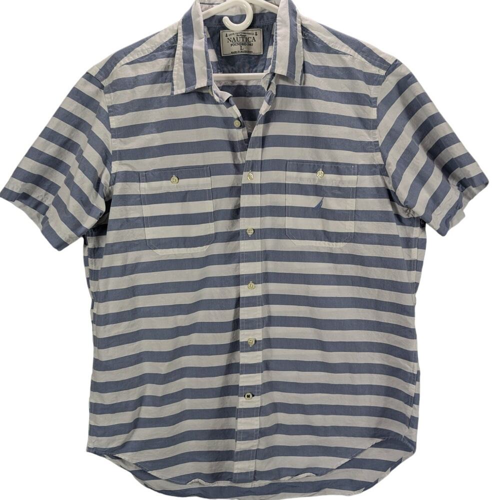Nautica Shirt Mens Large Sea Voyage Blue White Stripe Button Front Coastal Beach